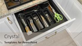  Presentation with kitchen furniture - Presentation design consisting of drawers-with-kitchen-utensils background and a light gray colored foreground