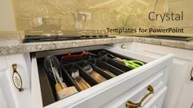  Presentation with kitchen furniture - Colorful PPT theme enhanced with drawers-with-kitchen-utensils backdrop and a yellow colored foreground