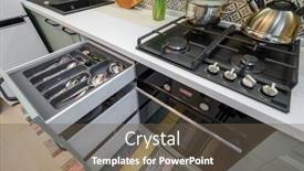  Presentation with kitchen cabinet - Audience pleasing PPT layouts consisting of drawers-with-silverware backdrop and a tawny brown colored foreground