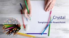  Presentation with white sheet - Presentation theme featuring hand with color pencils background and a sky blue colored foreground