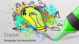  Presentation with multimedia - Beautiful PPT theme featuring drawing colorful bulb and multimedia symbols on white paper backdrop and a light gray colored foreground