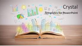  Presentation with business book tgemplate - PPT theme with drawing of a colorful business scheme on an opened book background and a light gray colored foreground