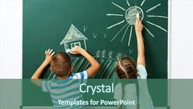  Presentation with school children - Amazing PPT theme having drawing on blackboard at school backdrop and a ocean colored foreground