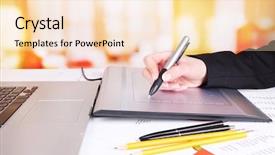  Presentation with female office graphics - PPT theme having business orange - female hand using graphics tablet background and a lemonade colored foreground