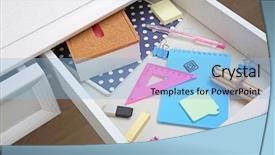  Presentation with desk - PPT theme having stationery in open desk drawer background and a light blue colored foreground