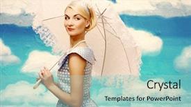  Presentation with sky - Slide deck featuring vintage ladies - woman with parasol against drawn background and a mint green colored foreground