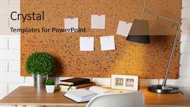  Presentation with workplace - PPT theme featuring notice board background pins - workplace with stationery on light background and a coral colored foreground