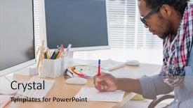  Presentation with red - Amazing theme having handsome designer drawing something with a red pencil in a modern office backdrop and a coral colored foreground