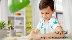  Presentation with school-desk - Colorful theme enhanced with drawing to notebook by pencil backdrop and a soft green colored foreground