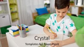  Presentation with school desk - Beautiful PPT theme featuring drawing to notebook by pencil backdrop and a soft green colored foreground