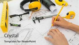  Presentation with hand tools - Beautiful presentation design featuring drawing tools on blueprint backdrop and a light gray colored foreground