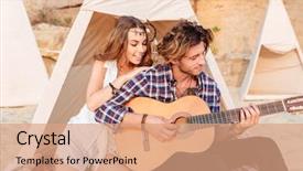  Presentation with man in suit guitar - Amazing PPT theme having dream catcher - curly young man playing guitar backdrop and a coral colored foreground