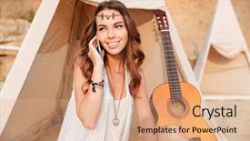  Presentation with hippie - Cool new slide deck with dream catcher - smiling young hippie girl talking backdrop and a coral colored foreground