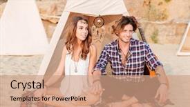  Presentation with beautiful black women smiling - Amazing slide set having dream catcher - young beautiful smiling hippie couple backdrop and a coral colored foreground