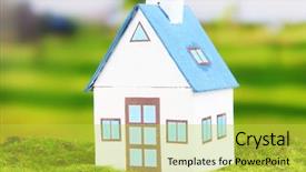  Presentation with green house - Audience pleasing PPT theme consisting of dream home family - little house and paper people backdrop and a yellow colored foreground