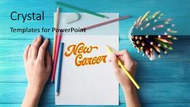  Presentation with color pencils - Colorful slide deck enhanced with dream job concept hands backdrop and a teal colored foreground