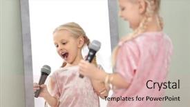  Presentation with microphone - PPT theme enhanced with dream perception - cute little girl with microphone background and a soft green colored foreground