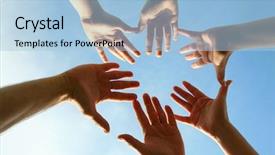  Presentation with team hands - PPT theme enhanced with dream team - sky and hands background and a light blue colored foreground