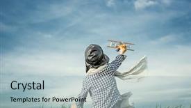  Presentation with airplane queuing on runway - Cool new presentation theme with dreamlike - little boy with wooden airplane backdrop and a light blue colored foreground