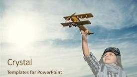  Presentation with airplane cash - PPT theme featuring dreamlike - little boy with wooden airplane background and a sky blue colored foreground
