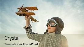  Presentation with airplane - PPT theme consisting of dreamlike - little boy with wooden airplane background and a mint green colored foreground