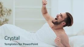  Presentation with gold man smile - Beautiful PPT theme featuring dreamlike - smiling man waking up backdrop and a sky blue colored foreground