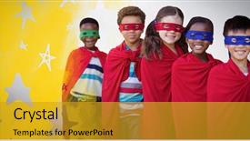  Presentation with children superhero kids aspiration imagination - PPT theme having dreamlike - smilnig children in superhero costumes background and a gold colored foreground