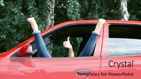  Presentation with woman car driver map - Beautiful presentation design featuring dreamlike - young woman driver resting backdrop and a coral colored foreground