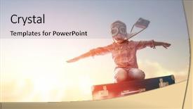 Presentation with suitcase - PPT theme featuring dreams of travel child flying background and a light gray colored foreground