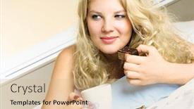  Presentation with tea cake - Amazing slides having dreamy blond girl drinking tea with a cake in her bed at home backdrop and a coral colored foreground