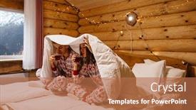  Presentation with log cabin winter - Beautiful presentation design featuring dreamy christmas vacation in log house with winter mountains landscape in window two teen friends wearing same pajamas drinking tea while relaxing under blanket in bed inside cozy cabin in evening backdrop and a coral colored foreground