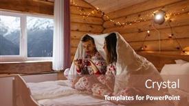  Presentation with log cabin winter - Cool new presentation design with dreamy christmas vacation in log house with winter mountains landscape in window two teen friends wearing same pajamas drinking tea while relaxing under blanket in bed inside cozy cabin in evening backdrop and a tawny brown colored foreground