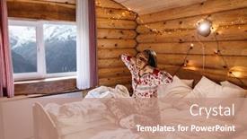  Presentation with house window - Presentation with bed inside cozy cabin background and a coral colored foreground