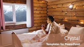  Presentation with log cabin winter - Colorful presentation theme enhanced with dreamy christmas vacation in log house with winter mountains landscape in window young guy wearing traditional pajamas looking at window while relaxing in bed inside cozy cabin backdrop and a coral colored foreground
