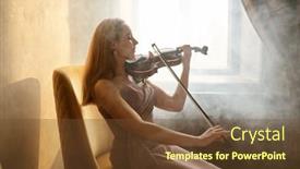  Presentation with violin concert and muscic conductor - Presentation theme with dreamy-woman-playing-violin-sitting background and a tawny brown colored foreground