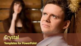  Presentation with hut - Beautiful presentation theme featuring dreamy young man and young woman in wooden log hut woman standing near wall on background backdrop and a tawny brown colored foreground