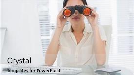  Presentation with desk - Slide set featuring dres - serious businesswoman looking through binoculars background and a  colored foreground