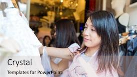  Presentation with market - Presentation design enhanced with dres - woman shopping at street market background and a  colored foreground