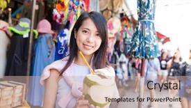  Presentation with shopping - Audience pleasing PPT theme consisting of dres - young woman shopping at street backdrop and a coral colored foreground