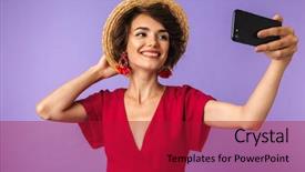  Presentation with happy smiling woman dental health - Slide deck consisting of dress and straw hat making background and a  colored foreground