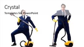  Presentation with vacuum cleaner robot - Audience pleasing presentation design consisting of dress code - young handsome businessman with vacuum backdrop and a white colored foreground