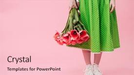  Presentation with pink and green - Cool new PPT layouts with dress holding bouquet of flowers backdrop and a lemonade colored foreground