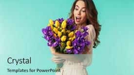  Presentation with girl in red dress - PPT theme having dress holding bouquet of iris background and a arctic colored foreground