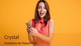  Presentation with yellow - Cool new theme with dress holding smartphone and looking backdrop and a  colored foreground