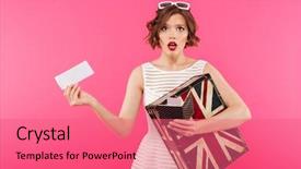  Presentation with girl in red dress - Cool new theme with dress holding suitcase and blak backdrop and a coral colored foreground