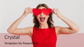  Presentation with portrait of excited overjoyed female - Presentation with dress holding two paper heart background and a crimson colored foreground