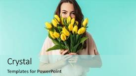  Presentation with tulips - Amazing PPT theme having dress holding yellow tulip backdrop and a arctic colored foreground