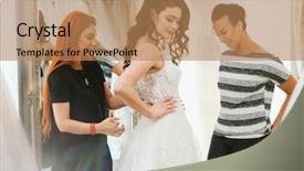  Presentation with bride and groom at wedding - Presentation design featuring dress in a wedding salon background and a coral colored foreground