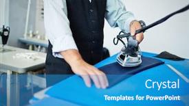  Presentation with ironing - Slide set featuring dress-maker with iron ironing part of unfinished jacket background and a teal colored foreground