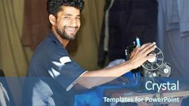  Presentation with sewing machine - Amazing presentation design having portrait of indian man tailor backdrop and a ocean colored foreground